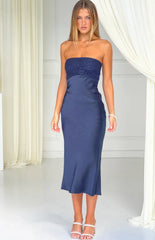 Audrey Navy Lace Strapless Midi Dress