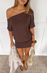 Bisou Brown Off Shoulder Mini Dress