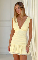Brandie Yellow Ruched V Neck Mini Dress