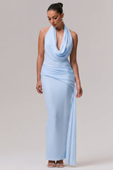 Maude | Light Blue Halter-Neck Draped Maxi Dress With Sash