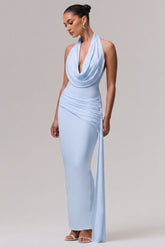 Maude | Light Blue Halter-Neck Draped Maxi Dress With Sash