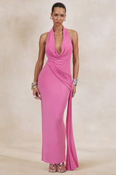 Maude | Pink Plunge-Neck Ruched Maxi Dress With Sash