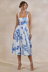 Lissa | Blue Floral Print Square-Neck Midi Dress