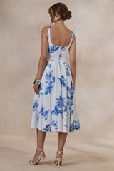 Lissa | Blue Floral Print Square-Neck Midi Dress