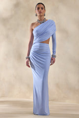 Malika | Powder Blue Asymmetric-Neck Maxi Dress With Body-Cut Out And Gathered Detailing