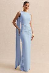 Premiere | Powder Blue Boat-Neck Maxi Dress With Cape-Sleeves And Open-Back