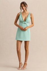 Amely | Green Plunge-Neck Mini Dress With Bow-Detail