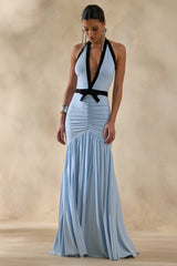 Cosmina | Powder Blue Plunge-Neck Maxi Dress With Bow-Detail