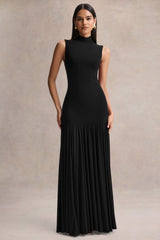 Gigi | Black High-Neck Maxi Dress With Drop-Waist And Sheer Skirt