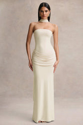 Graciella | Cream Bandeau Maxi Dress With Draped Detailing And Scarf