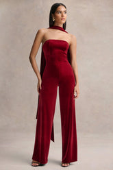 Arcane | Burgundy Velvet Bandeau Jumpsuit With Scarf