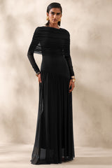 Enalia | Black Mesh High-Neck Maxi Dress With Short-Cape