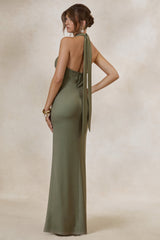 Aralisse | Khaki Satin Cowl-Neck Maxi Dress