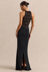 Anthelia | Black Lace And Satin Racer-Neck Maxi Dress With Draped-Detail