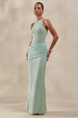 Anthelia | Mint Lace And Satin Racer-Neck Maxi Dress With Draped-Detail