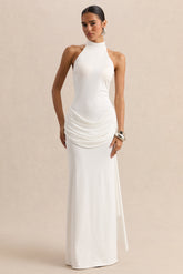 Lorintha | White High-Neck Maxi Dress With Draped-Detailing