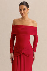 Helia | Red Bardot Neck Thong Bodysuit With Ruched Long Sleeves