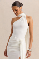 Jisella | White Asymmetric-Neck Thong Bodysuit With Scarf