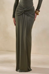 Theria | Khaki Maxi Skirt With Gathering And Knot Detail