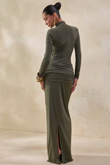 Theria | Khaki Maxi Skirt With Gathering And Knot Detail