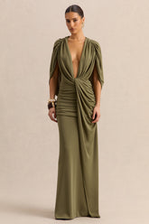 Marisea | Green Plunge-Neck Maxi Dress With Cape-Sleeves