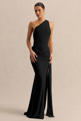Belrose | Black Asymmetric-Neck Maxi Dress With Gold-Detail And Front-High Split