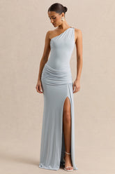 Belrose | Blue Asymmetric-Neck Maxi Dress With Gold-Detail And Front-High Split