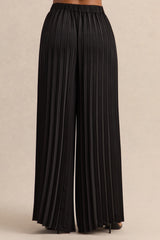 Lerenza | Black Satin Wide-Leg Pleated Trousers