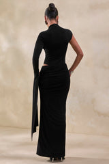 Adessa | Black Asymmetric Waist Ruched Maxi Skirt