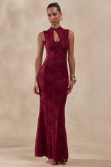 Ravissa | Burgundy Lace High-Neck Maxi Dress