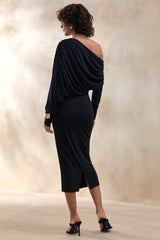 Dalissa | Black Asymmetric-Neck Midi Dress With Draped-Detailing