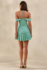 Celeta | Mint Bardot-Neck Mini Dress With Button-Detailing And Pleated-Hem
