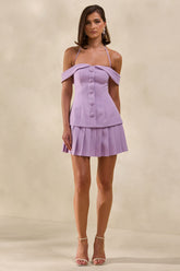 Celeta | Lilac Bardot-Neck Mini Dress With Button-Detailing And Pleated-Hem