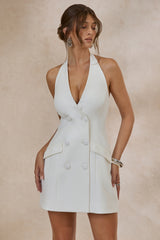 Carlin | White Plunge-Neck Tailored Mini Dress With Button Detailing