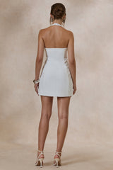 Carlin | White Plunge-Neck Tailored Mini Dress With Button Detailing