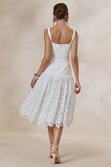 Norrie | White Lace Square-Neck Midi Dress With Voluminous Lace Skirt