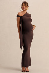 Isela | Dark Brown Asymmetric-Neck Maternity Maxi Dress With Sash Detail