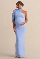 Merella | Light Blue High Neck Maternity Maxi Dress With Cape Sleeve