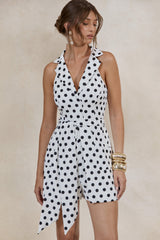 Kerina | White Polka Dot Plunge-Neck Romper With Belt Detail