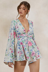 Kismet | Cream Floral Print Plunge-Neck Romper With Bell Sleeves