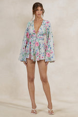 Kismet | Cream Floral Print Plunge-Neck Romper With Bell Sleeves