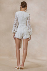 Korinna | White Lace Square-Neck Romper With Belt Detail