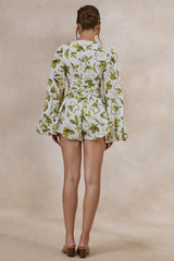 Caron | White And Green Floral Broderie Plunge-Neck Romper