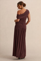 Marjorie | Dark Brown Asymmetric-Neck Maternity Maxi Dress