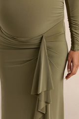 Drusilla | Olive Asymmetric-Neck Maternity Maxi Dress With Gathered Detailing
