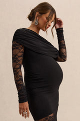 Giuliana | Black Asymmetric-Neck Maternity Maxi Dress With Lace Detailing