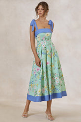 Marlisa | Mint Floral Print Square-Neck Midi Dress With Bow Straps
