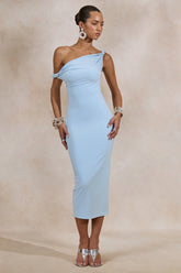 Sarafina | Light Blue Twisted Asymmetric-Neck Midi Dress
