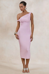 Sarafina | Light Pink Twisted Asymmetric-Neck Midi Dress