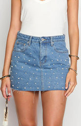 Denim Dazzle Pearl Mid Wash Mini Skirt